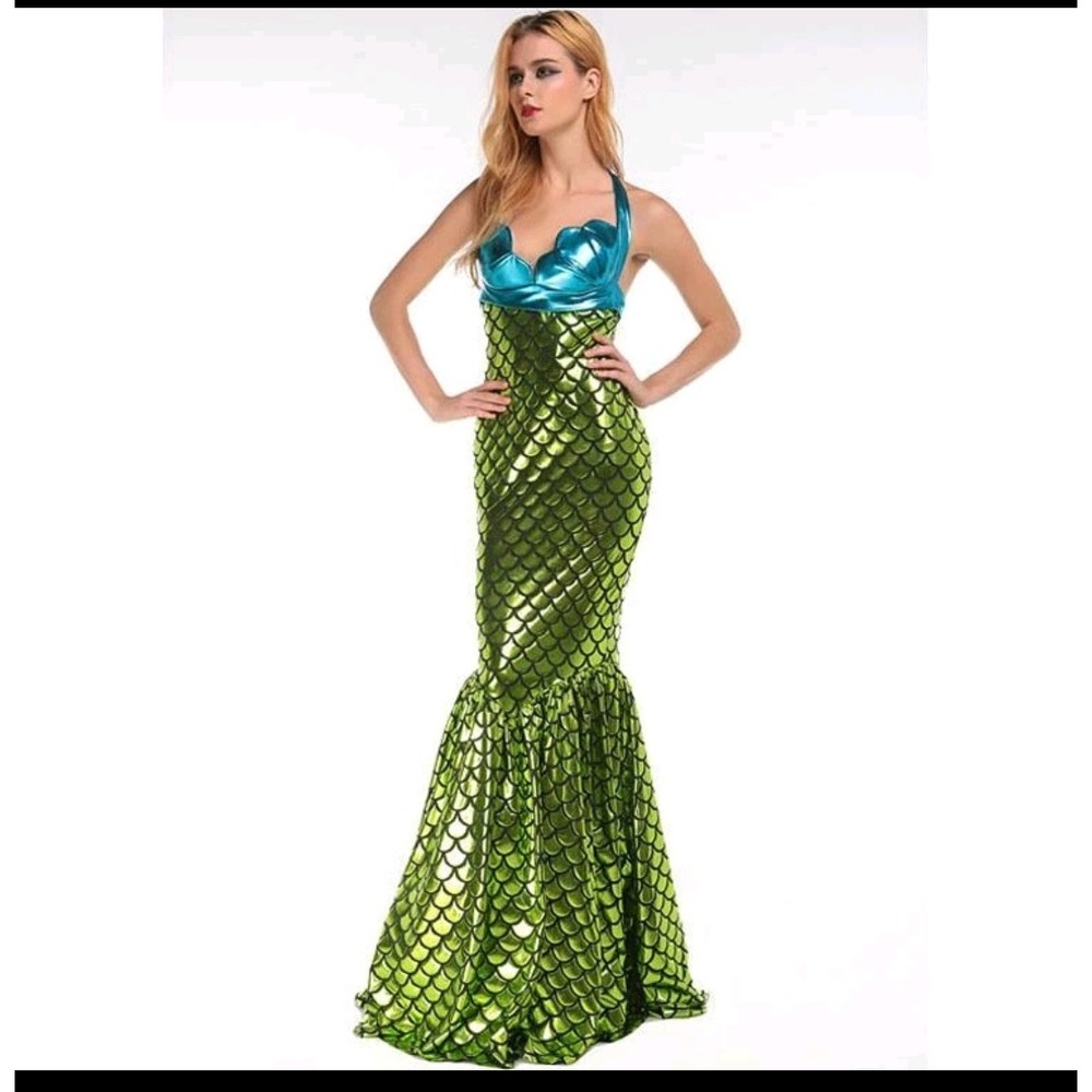 Green Metallic Scale Mermaid Costume Halter Shell Top Fishtail Gown Padded small